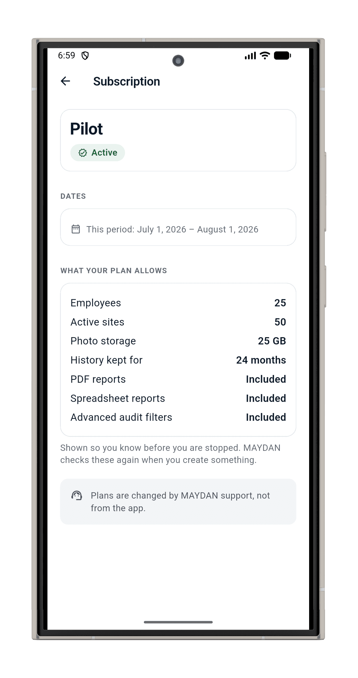 MAYDAN's subscription screen: the plan, its dates, and the list of what the plan allows