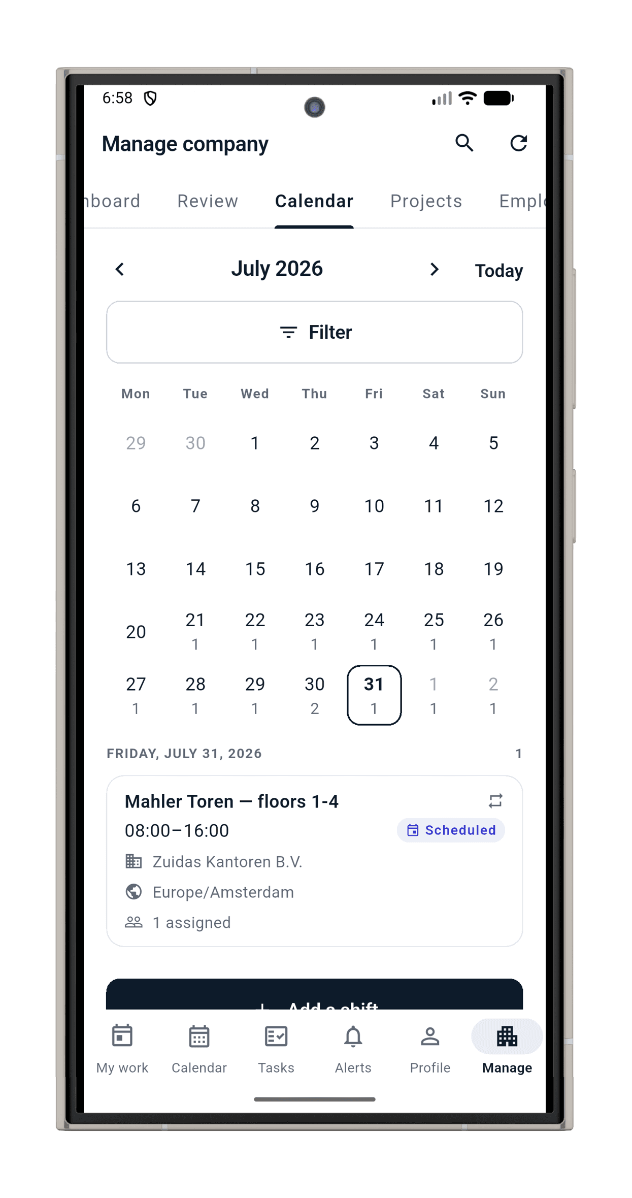 MAYDAN's admin calendar: a month of generated shifts with the day's agenda