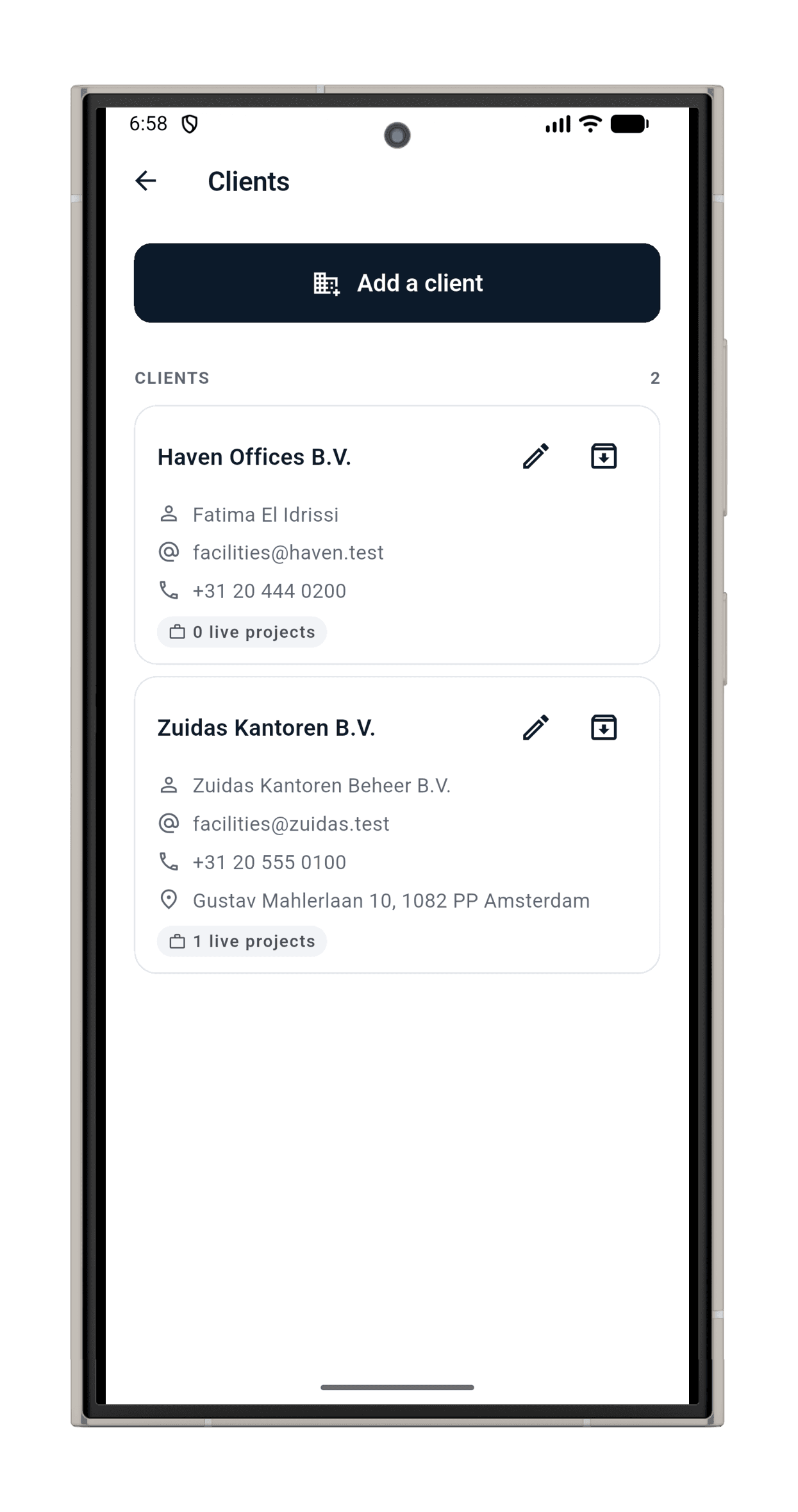 MAYDAN's clients screen: client companies with contacts and live projects