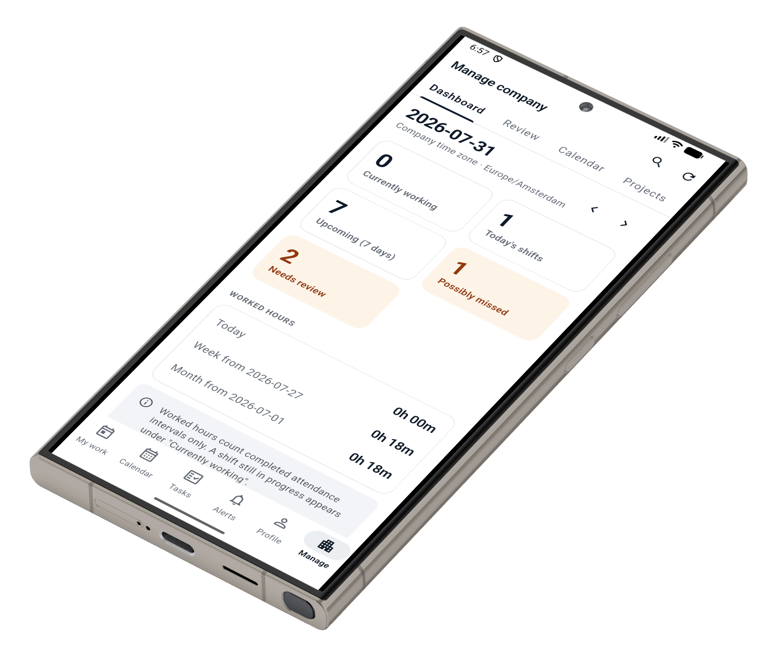 MAYDAN's admin dashboard on an angled phone: today's shifts, worked hours, and the needs-review count