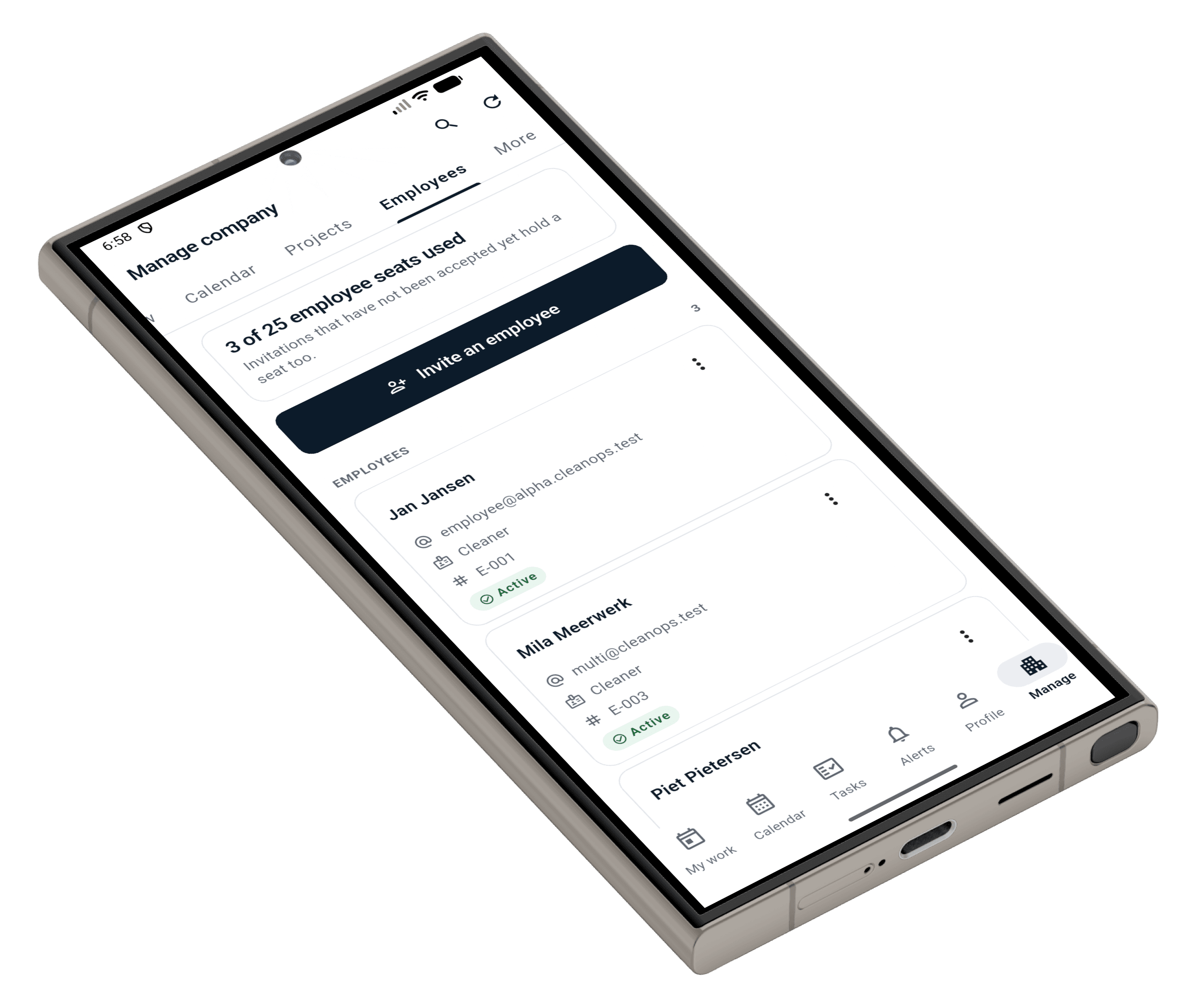 MAYDAN's employees screen on an angled phone: the crew with roles and invitations