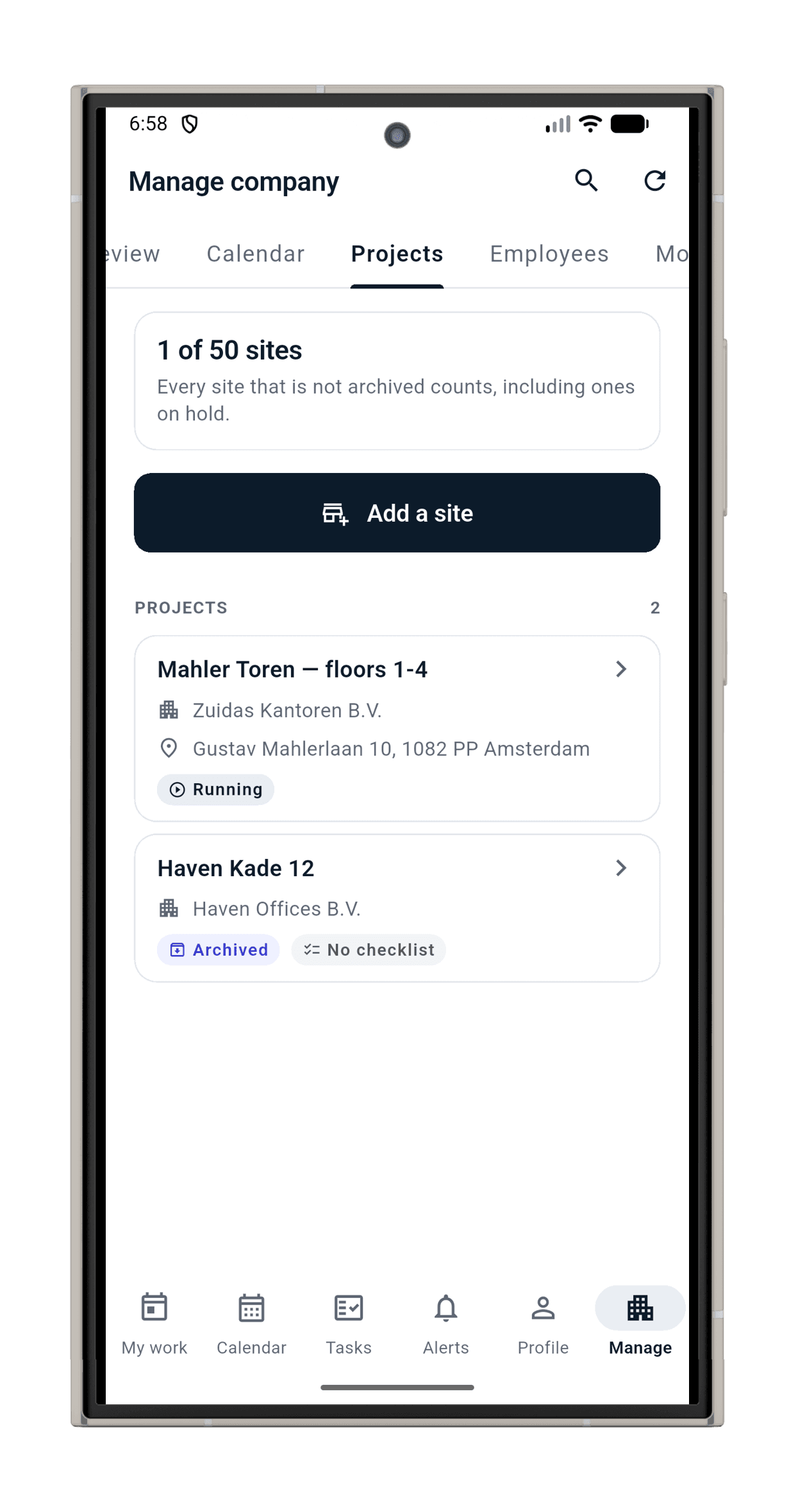 MAYDAN's projects screen: clients, sites, and instructions