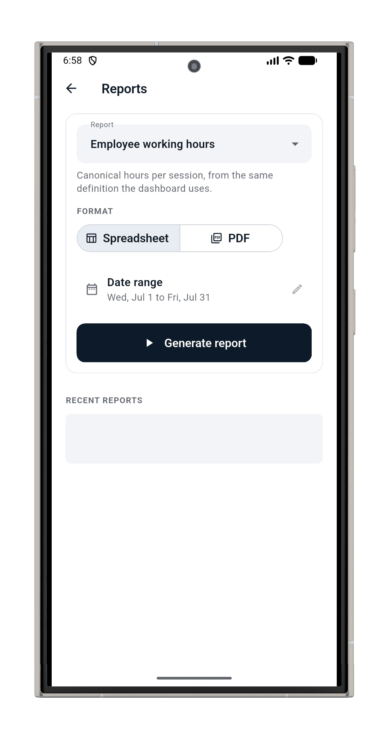 MAYDAN's reports screen: PDF and spreadsheet outputs
